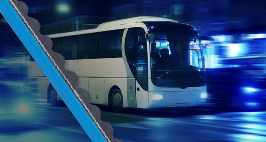 Illustrative picture with blue belt back and white bus